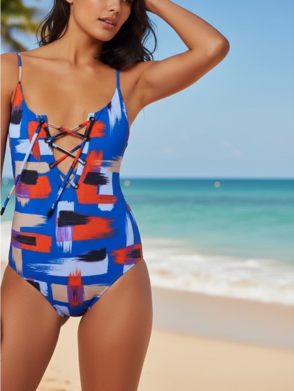 Red Carter Rio Abstract Lace Up One Piece Swimsuit Size 8 Low Back Criss Cross